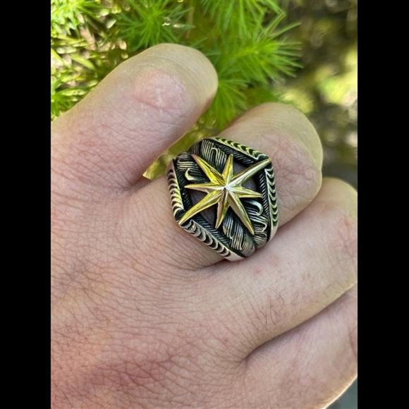 Real 925 Sterling Silver & 10k Gold Mens Nautical Compass Star Ring Sizes 7-13